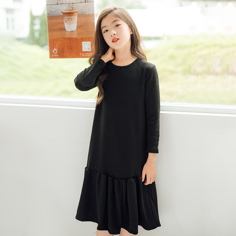 Teen Girls Black Dress Autumn Winter Fleece Thick Ruffle Mermaid Princess Dress for Children Casual All-match School Kids Wear alx