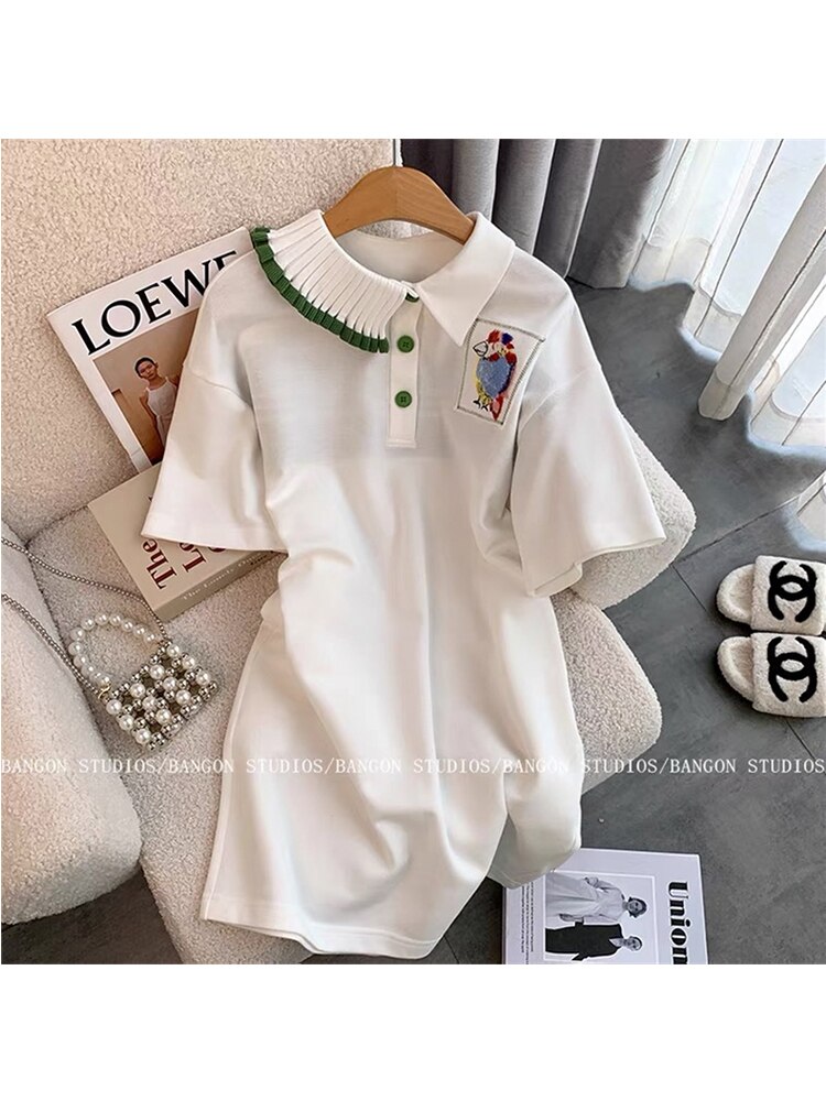 2022 New Summer Women Simple Embroidered Polo Neck Loose Casual Short Sleeve Shirt Dress Knee-length Daily Cozy White Design Ins alx