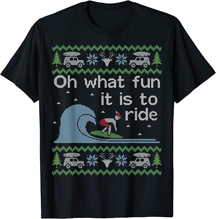 Ugly Christmas Sweater Fun To Ride Wave Surf Surfing Santa T-Shirt