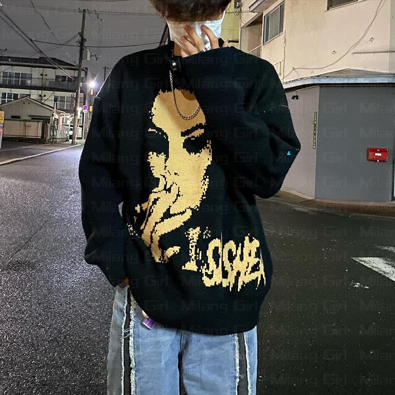 Women Clothes Vintage Harajuku Sweaters Oversized Fashion Portraits Cotton Knitted Streetwear Goth Sweater Unisex Pullover Tops alx