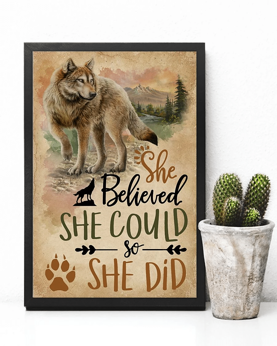 Wolf Poster Canvas – She Believe She Could So She Did Vintage Home Decor Wall Art Evg81480