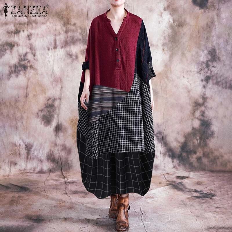 Spring Vintage Check Patchwork Dress ZANZEA Casual Cotton Long Sundress 2022 Women Long Sleeve Vestidos Female Kaftan Robe Tunic alx