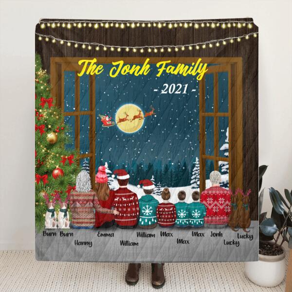 Custom Personalized Christmas With Whole Family Quilt/ Fleece Blanket – 3 Generations: Grandparents, Parents With Upto 4 Children And 4 Pets – Christmas Gift For The Whole Family