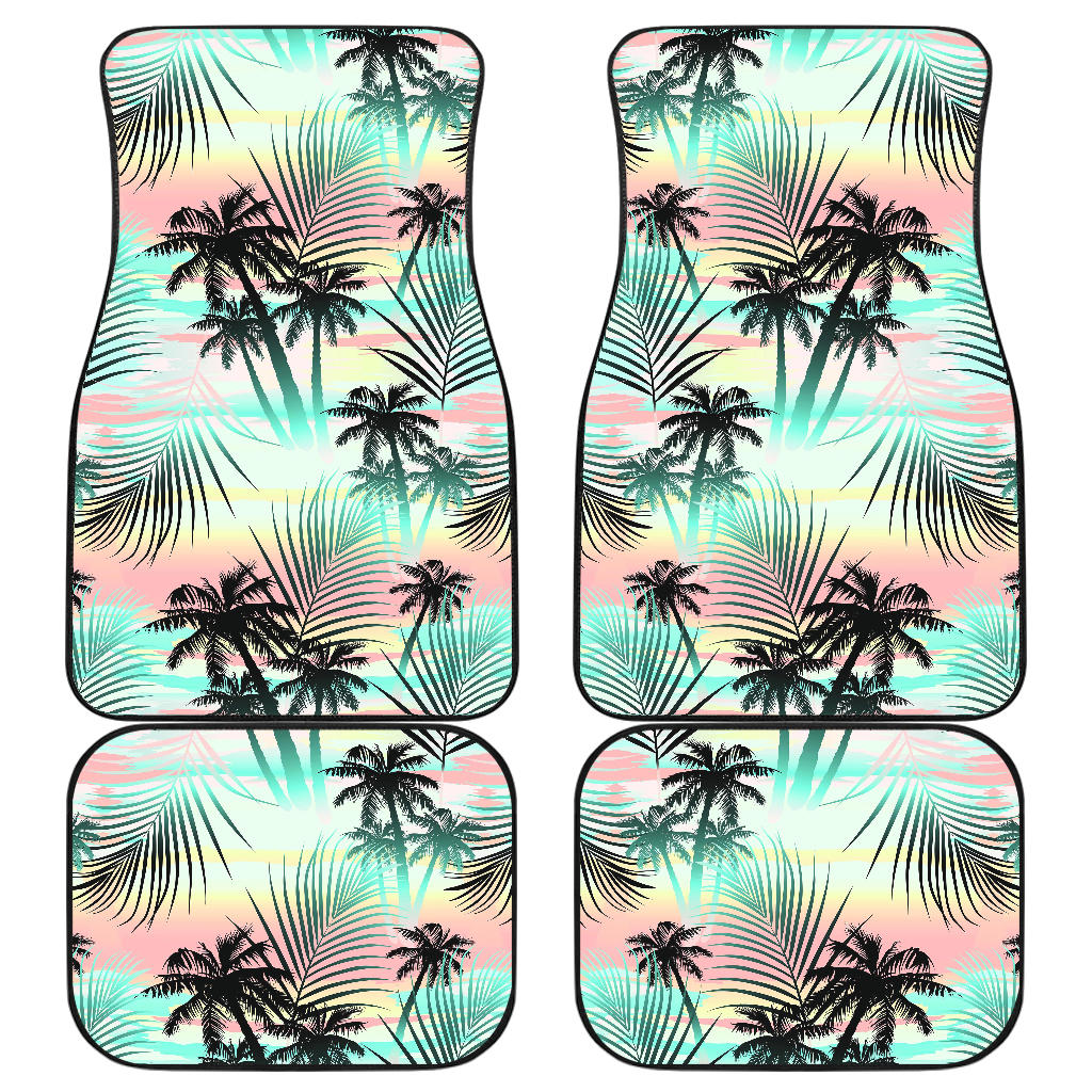 Pastel Palm Tree Pattern Print Front And Back Car Floor Mats, Front Car Mat