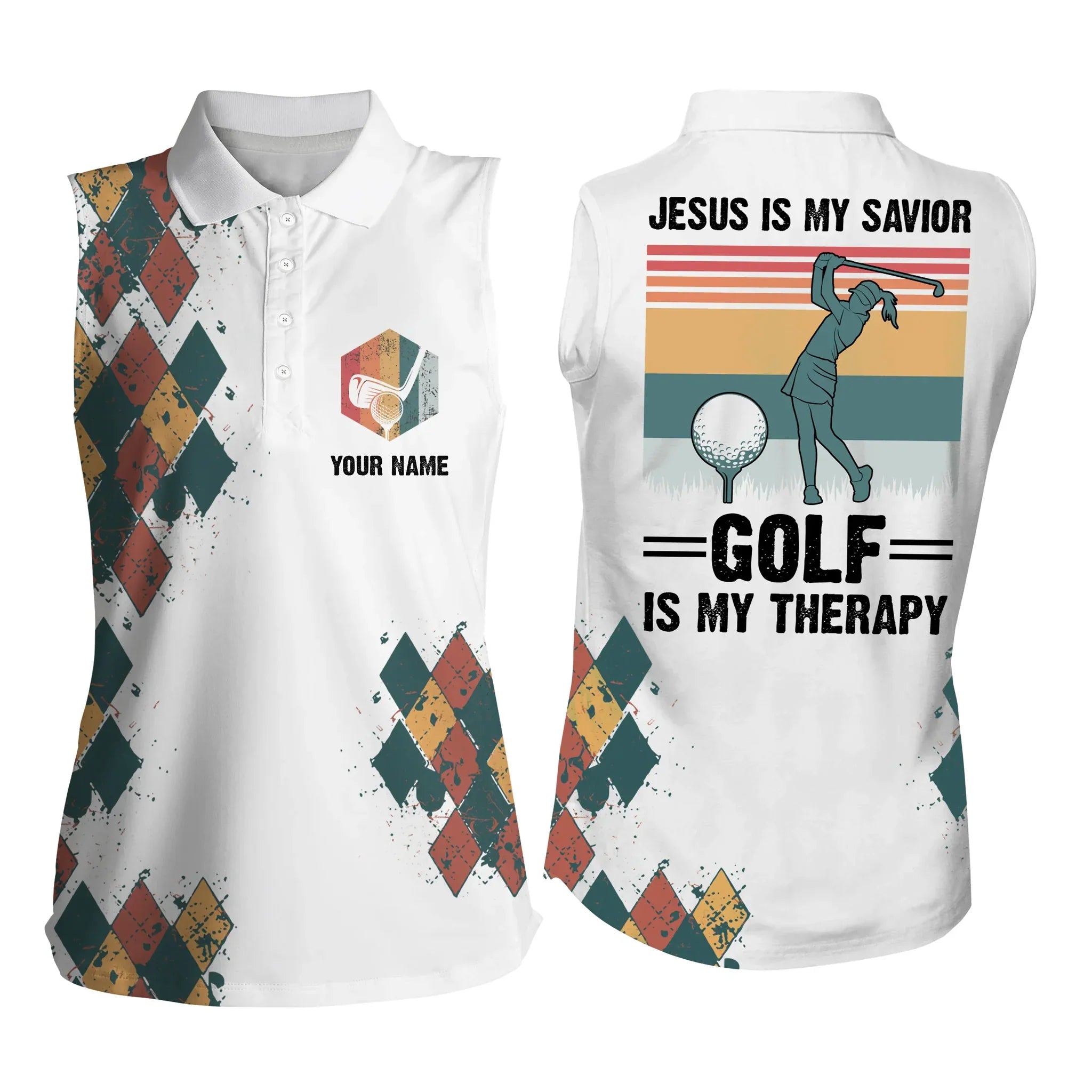 Women Sleeveless Polo Shirt, Jesus Is My Savior Golf Is My Therapy Custom Name Vintage Ladies Golf Tops