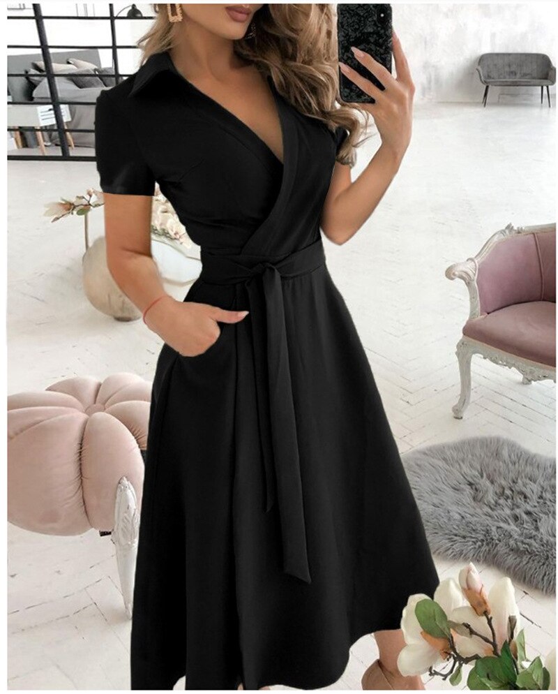 2022 New Women’s Pocket Midi Dress Casual Female Turn Down Collar Short Sleeve Tunic Wrap Dresses alx