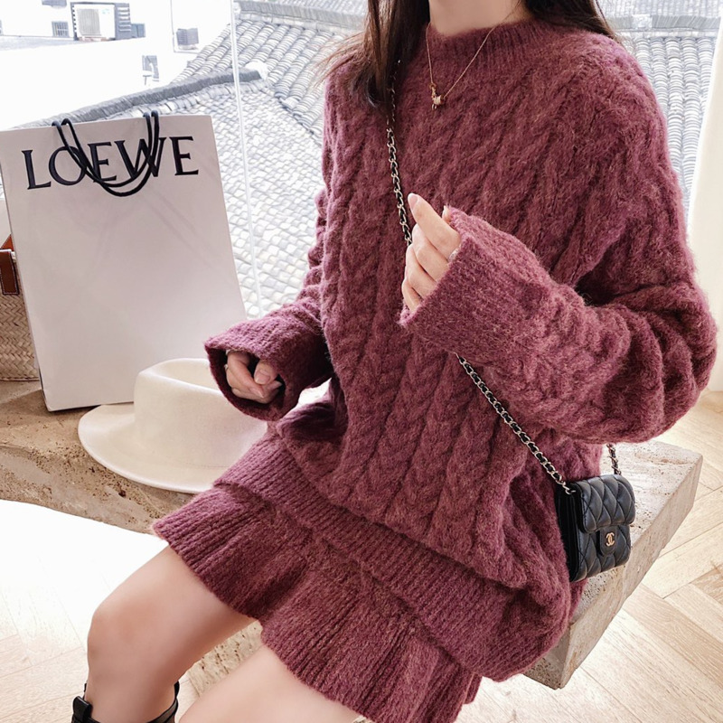 Autumn Winter Sweater Suits Two Piece Set Women Knitted Pullover & High Waist Mini Skirt Suits Korean Style Elegant 2 Piece Set alx