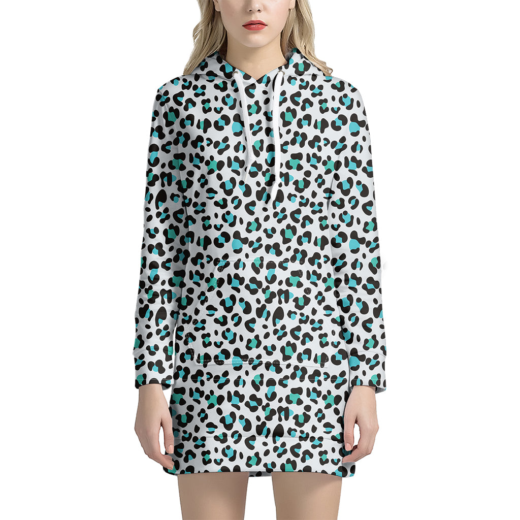 White And Teal Leopard Print Women’S Pullover Hoodie Dress