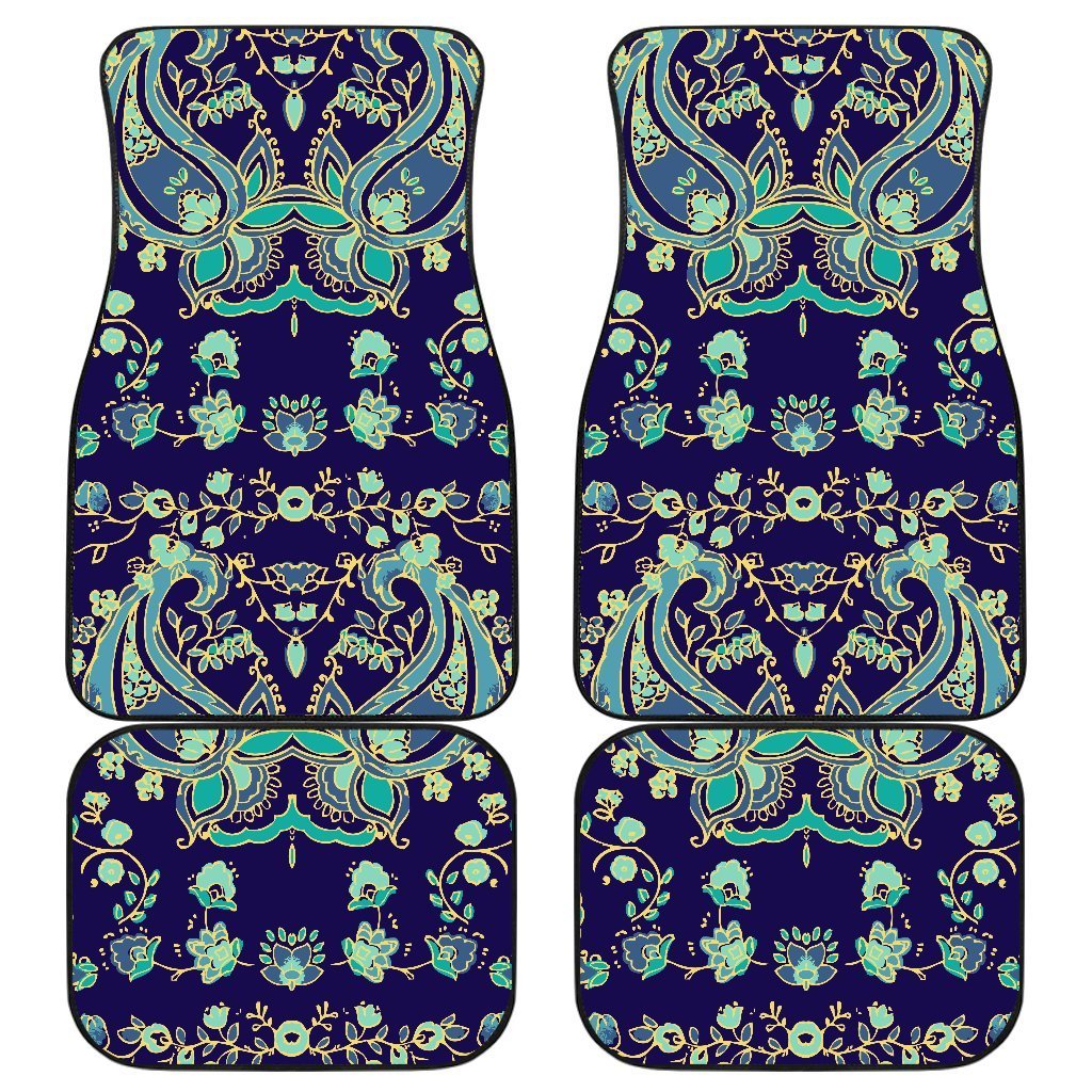 Blue Bohemian Paisley Pattern Print Front And Back Car Floor Mats, Front Car Mat