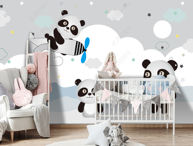 3D Hand Drawn Animal Panda Cloud Wall Mural Wallpaper Lqh 284