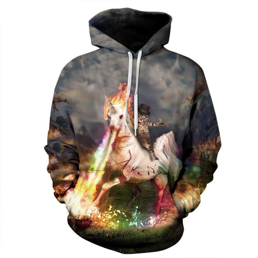 The cat Riding a unicorn 3D Hoodies