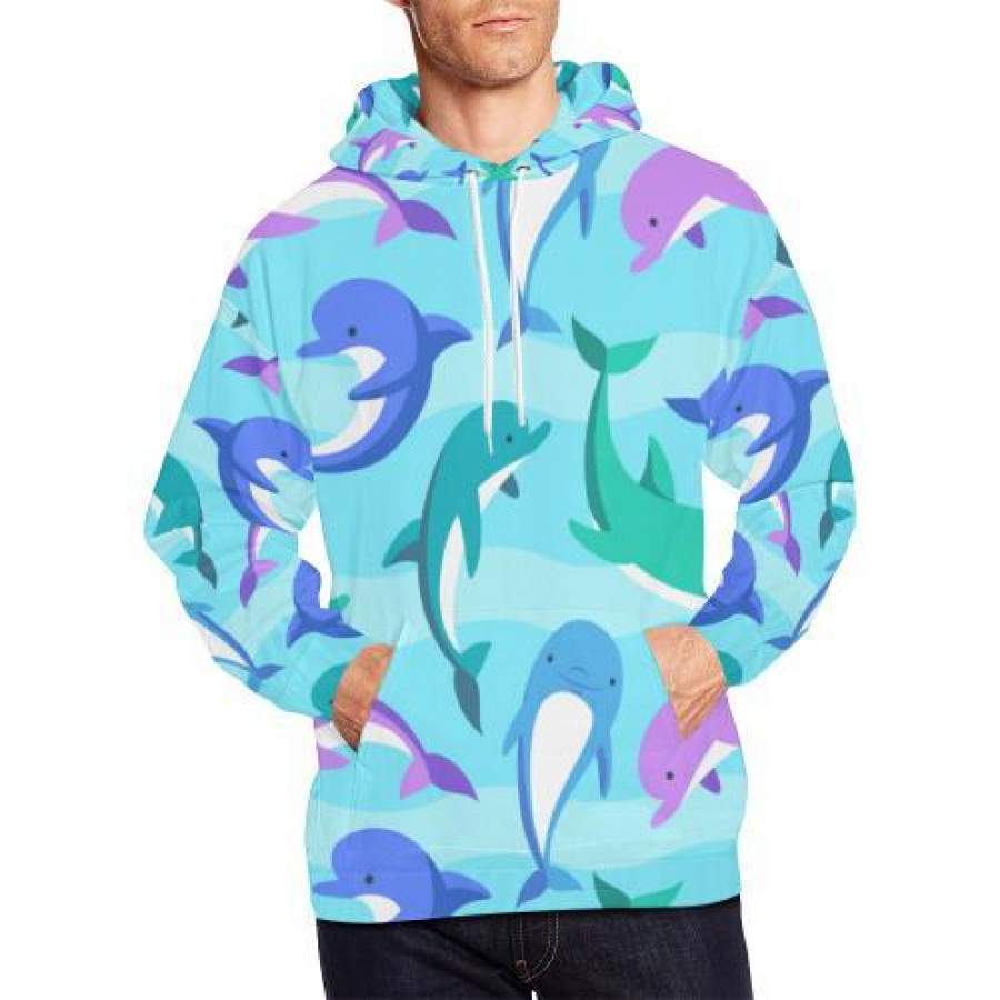 Colorful Dolphin Pattern Print Men Pullover Hoodie