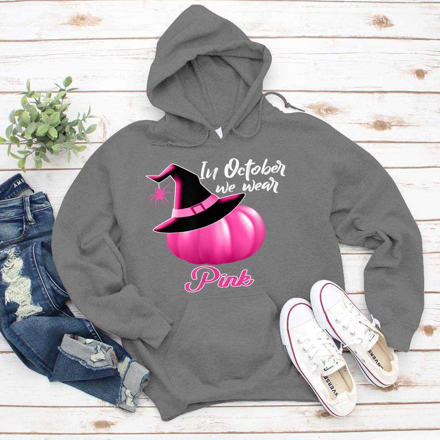 October Wear Pink Halloween Witch Pumpkin Breast Cancer  Hoodie