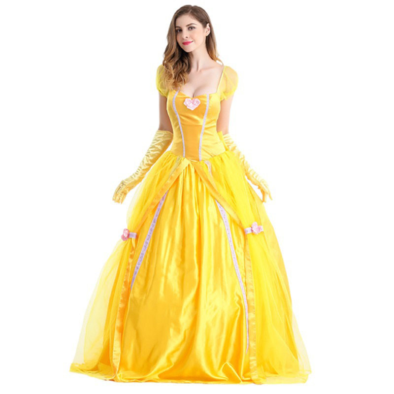 2022 New CosDaddy Princess Belle Cosplay Costume Yellow Dress Carnival Party For Adult Women Halloween Dresses alx