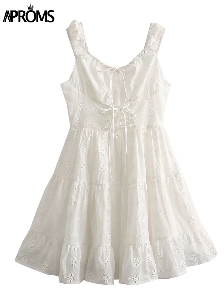 Aproms Elegant White Lace Embroidered Cotton Mini Dress Women 2022 Summer Sleeveless Lace Up Front Short A-line Dress Sundresses alx