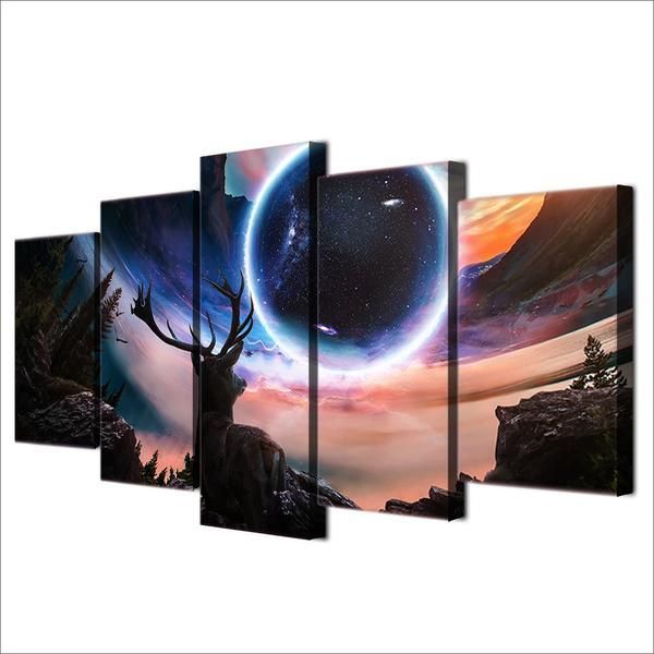 Planet Deer Animal At Night Hd Abstract 5 Panel Canvas Art Wall Decor