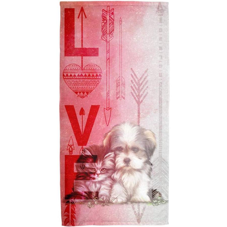 Valentines LOVE Kitten Puppy All Over Bath Towel