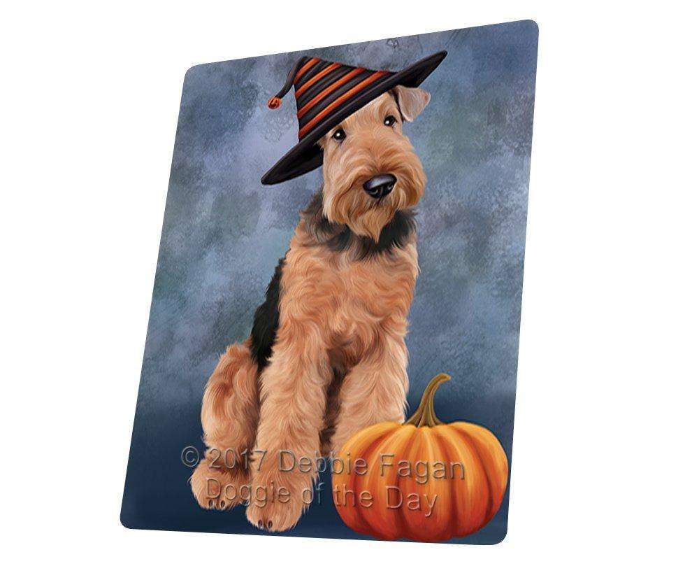 Happy Halloween Airedale Dog Wearing Witch Hat With Pumpkin Art Portrait Print Woven Throw Sherpa Plush Fleece Blanket D001