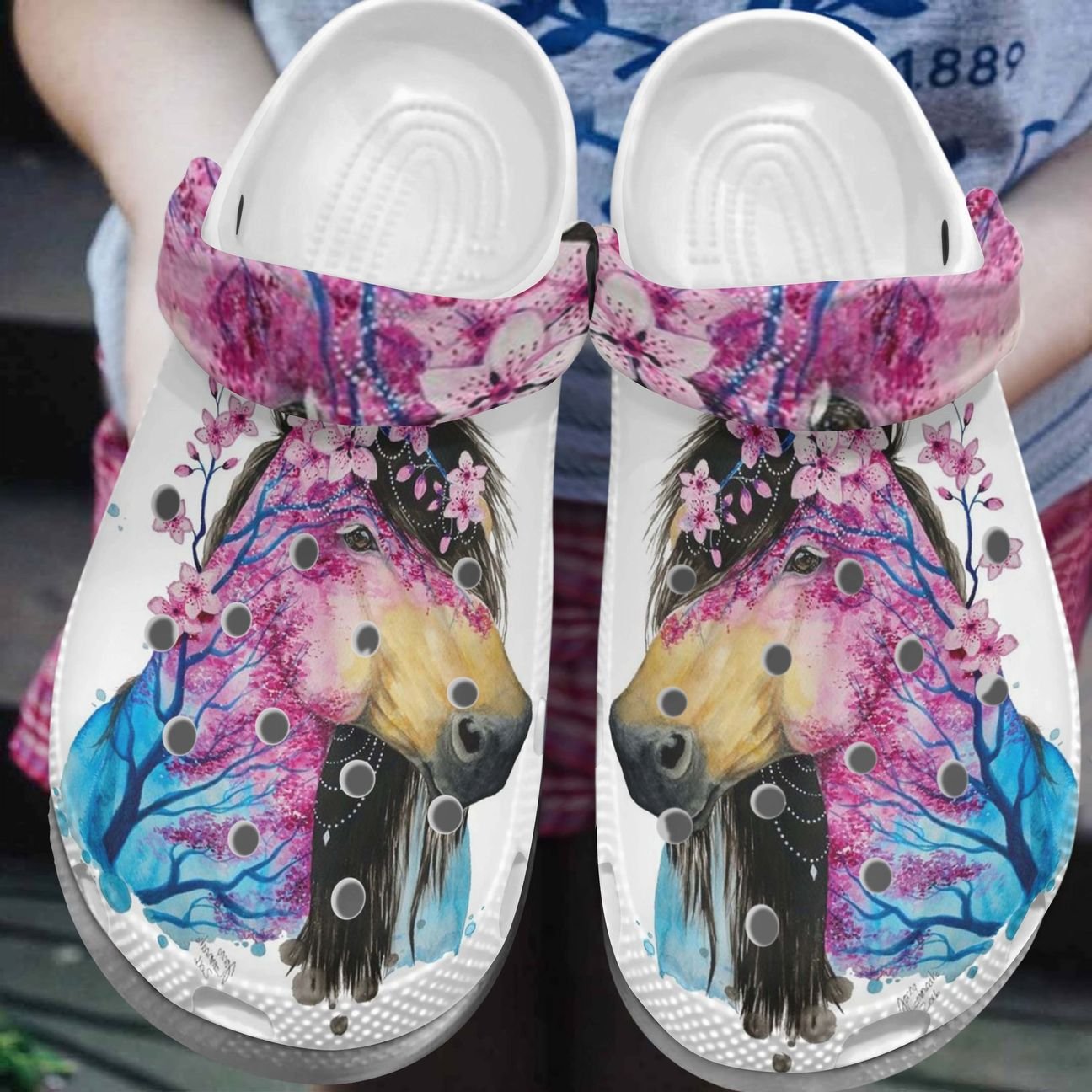 Horse Personalized Clog, Custom Name, Text, Color, Number Fashion Style For Women, Men, Kid, Print 3D Horse Cherry Blossom