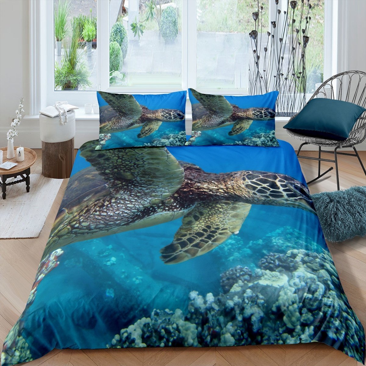 Sea Turtle Bedding Set For Kids Boys Teens, Underwater Animal Theme Comforter Cover Marine Life Tortoise Print Bedding Set For Kids Boys Teens 2/3 Pcs With Pillowcase