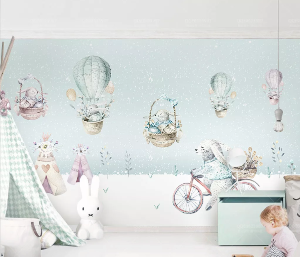 3D Rabbit Hot Air Balloon Tent Bike Child Wall Mural Wallpaper 411