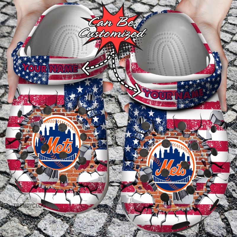 Baseball Personalized NY Mets American Flag Breaking Wall Clog Shoes