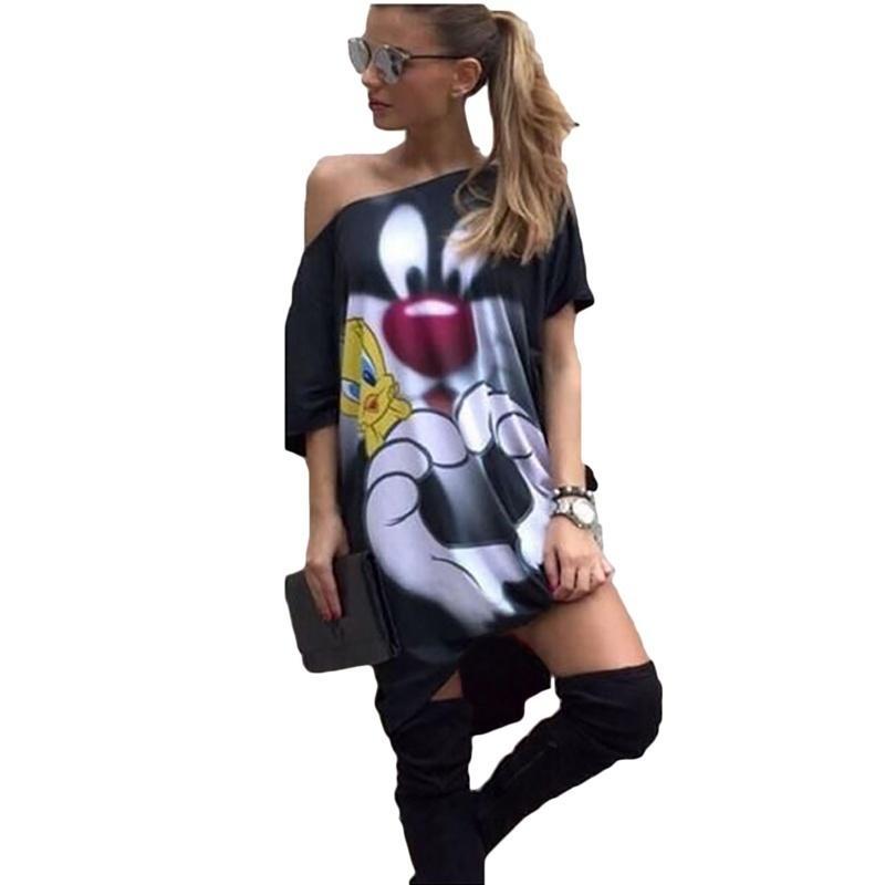 Dresses One Word Exposed Shoulder Rabbit Cartoon Loose T-Shirt