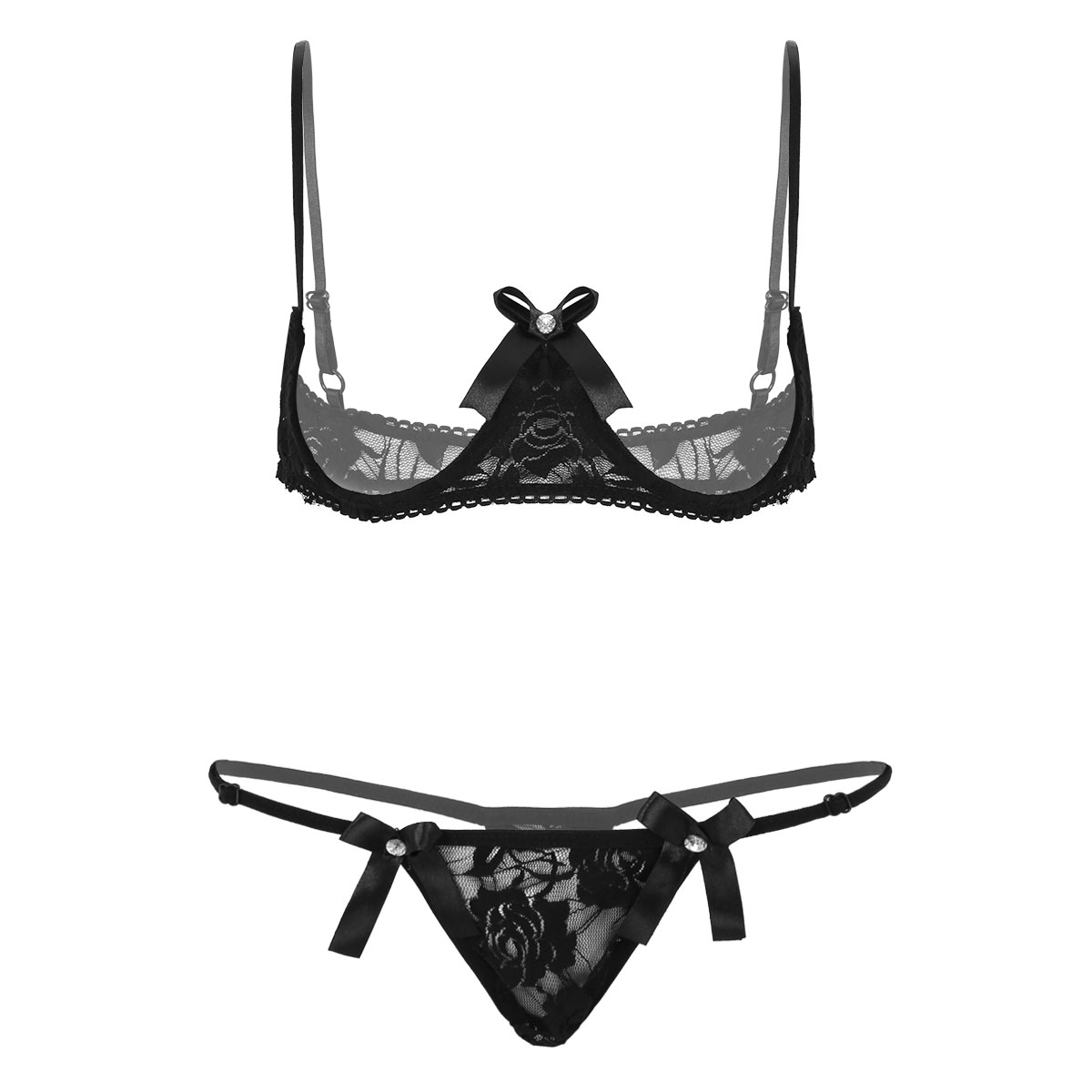 Womens Lingerie Set See-Though Lace Quarter Cup Exposed Breasts Underwired Shelf Bra with G-String Underwear alx