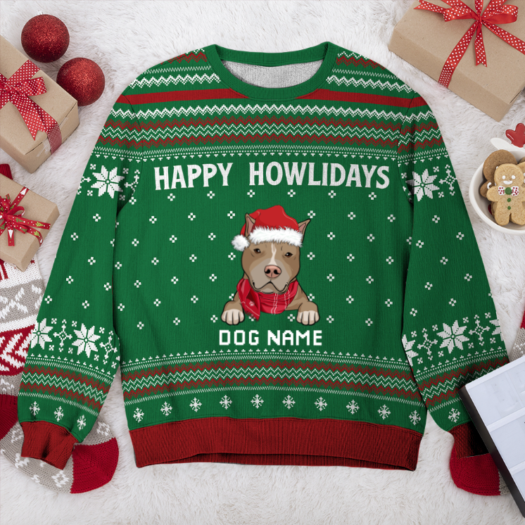 American Pit Bull Happy Howlidays Personalized Sweater, Dog Ugly Christmas Sweater