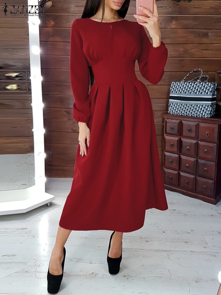 2022 Women Party Dress ZANZEA Spring Autumn Puff Sleeve Midi Dresses Vestido Casual Solid Pleated A-line Sundress Oversized Robe alx