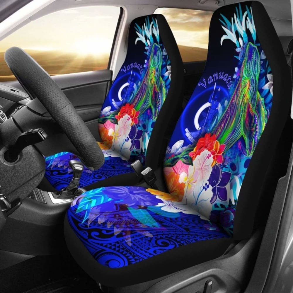 Vanuatu Car Seat Covers – Humpback Whale With Tropical Flowers (Blue)- 102802