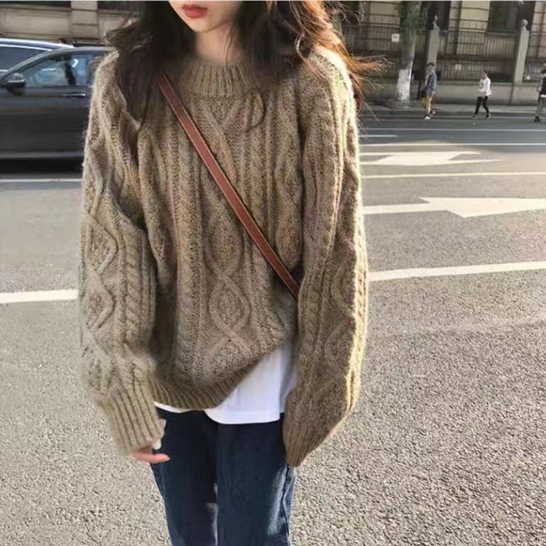 Autumn Winter Women Pullover Sweaters Vintage Twist O-neck Jumper Japanese Style Retro Lazy Elegant Glutinous Knitted Pullovers alx