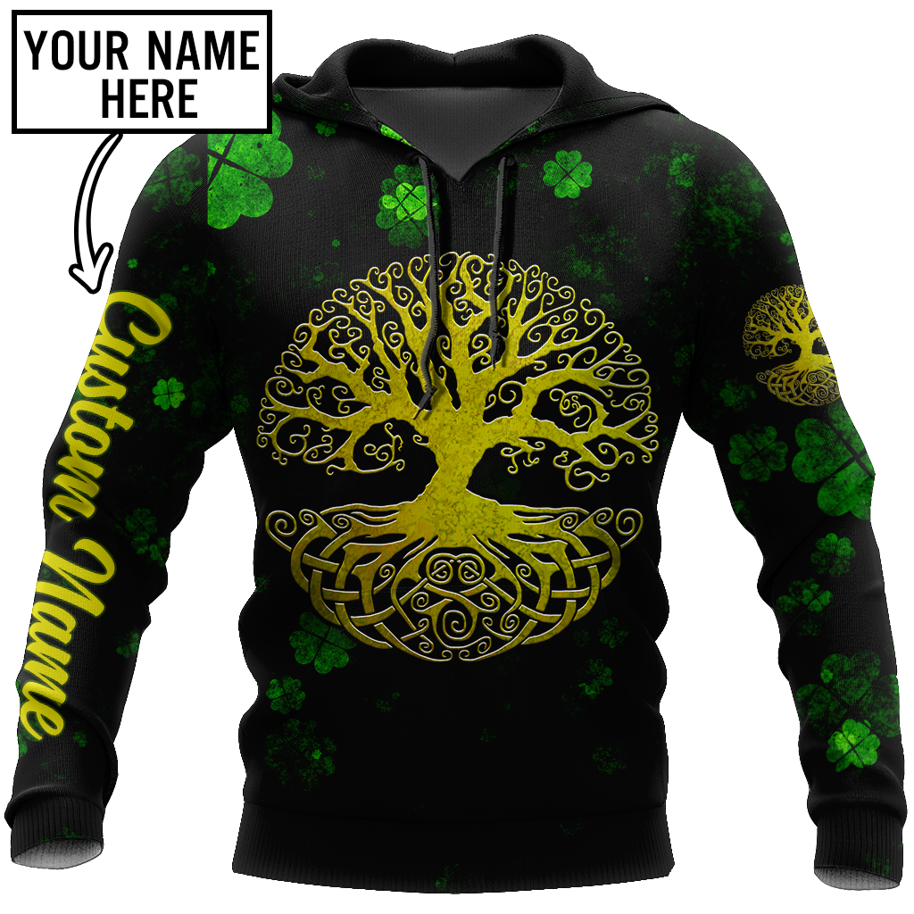 3D All Over Print Irish Tree Of Life Golden, Custom Name St Patrick’S Day Pattern Shamrock 3D Shirt