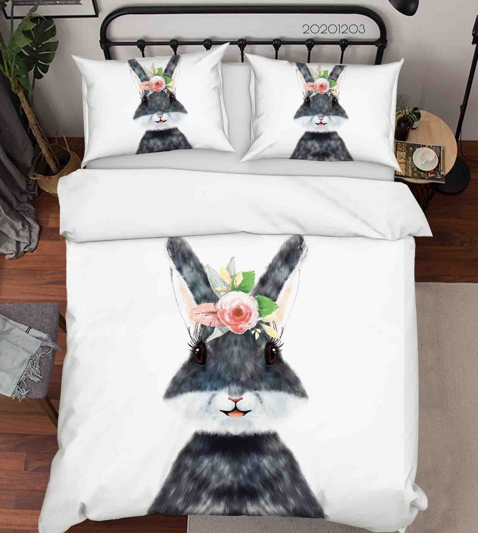 3D Cartoon Hand Drawn Pink Rose Floral Grey Bunny Animal Quilt Cover Set Bedding Set Duvet Cover Pillowcases Lxl