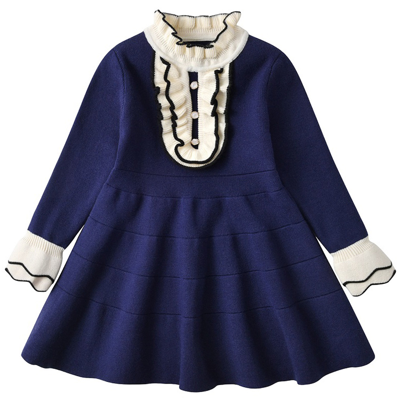 3-9T new girls’ floral collar pleated jacquard beaded dress girls’ princess knitting sweater long sleeve skirt autumn alx