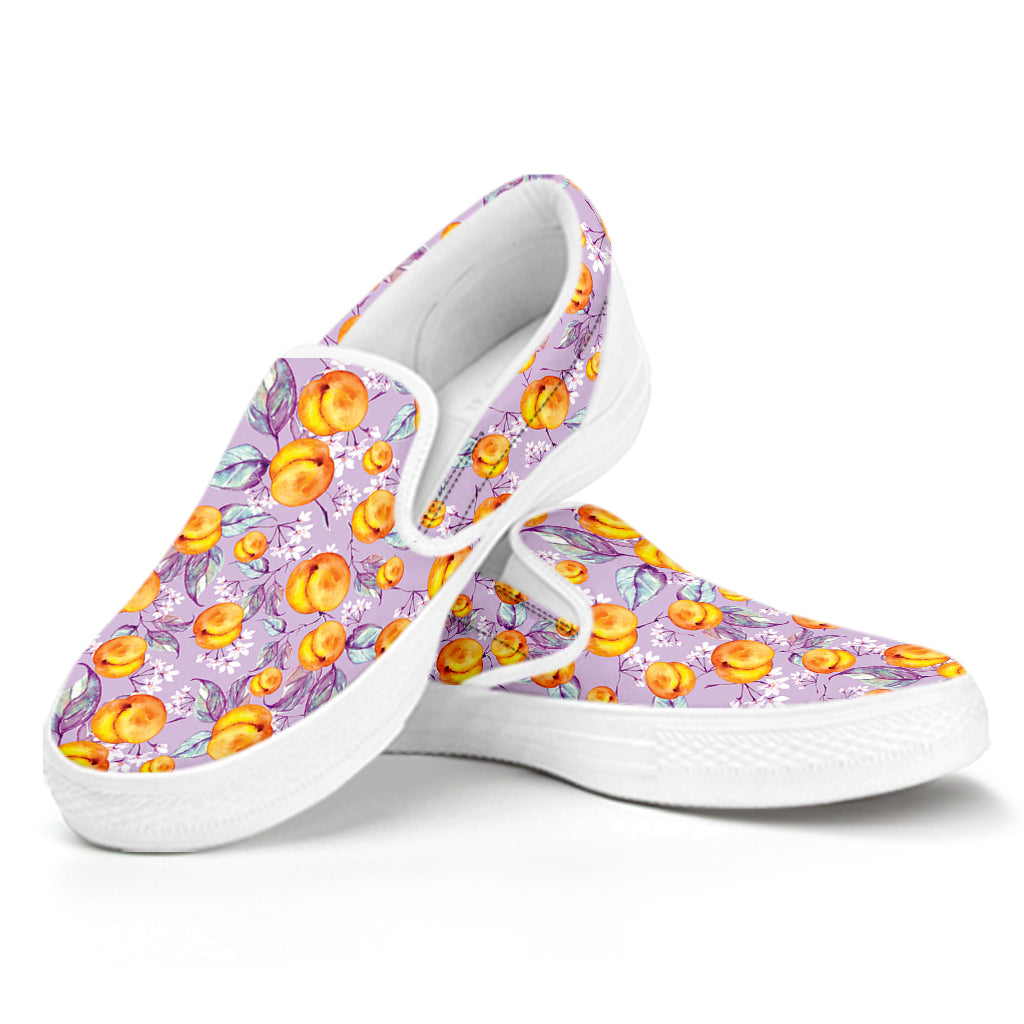 Watercolor Apricot Fruit Pattern Print White Slip On Shoes