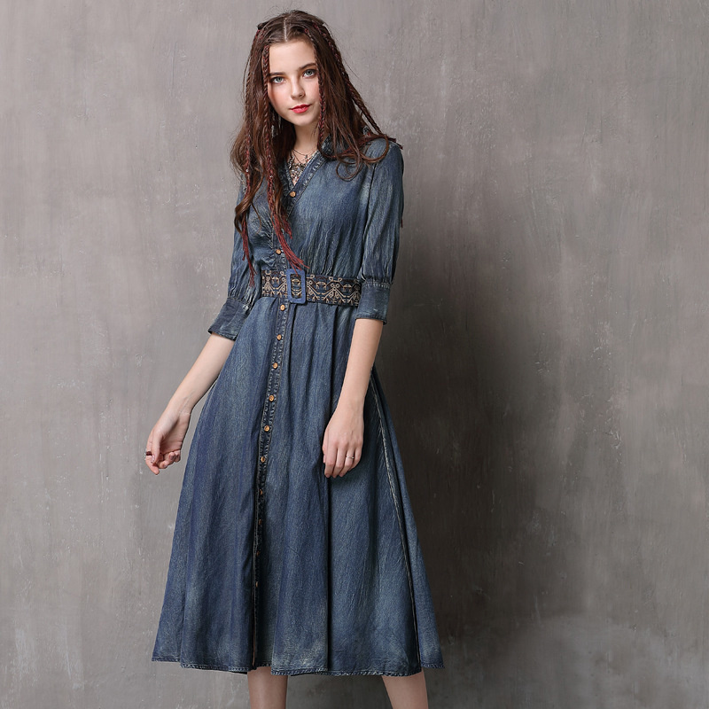 Spring’s New Adult Women’s Retro Dark Blue Jeanswear V-Neck Midsleeved Embroidery Belt Slimming Denim Dress alx