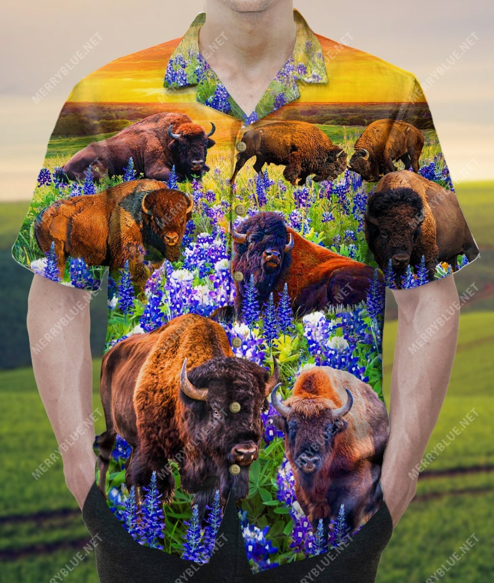 Bison Herd In Bluebonnet Field Unisex Hawaii Shirt Ha25543