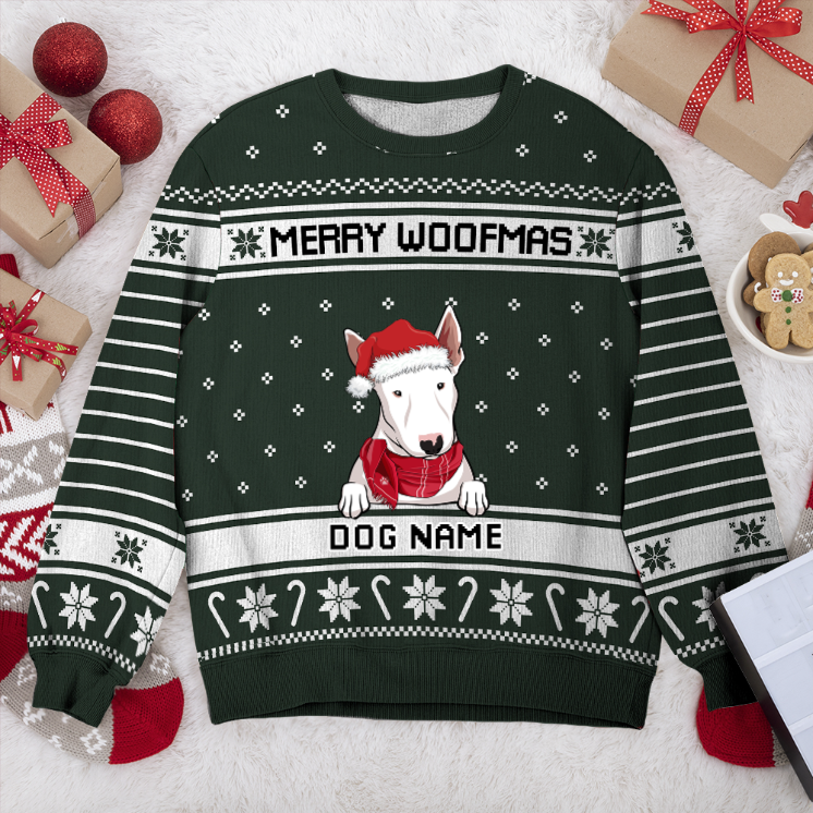 Bull Terrier Merry Woofmas Personalized Sweater, Dog Ugly Christmas Sweater