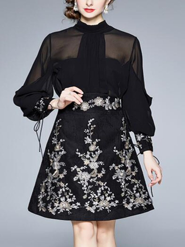 SMTHMA New Fashion Designer Runway Women’s Two Pieces Set Long Sleeve Bow Blouse +Vintage Embroidered Flowers Skirt Suits alx