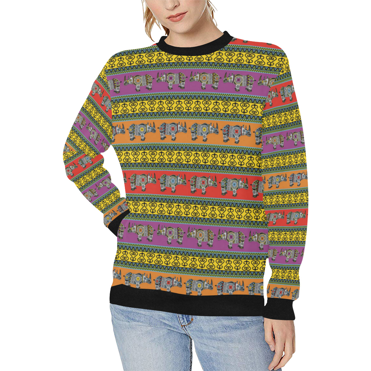 Rhino African Afro Dashiki Adinkra Kente Pattern E Women’s Crew Neck Sweatshirt