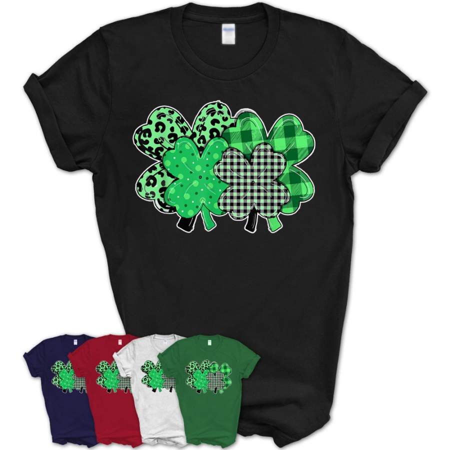 Womens Kids Plaid Leopard Shamrock 4 Leaf Clover Patrick Day T-Shirt