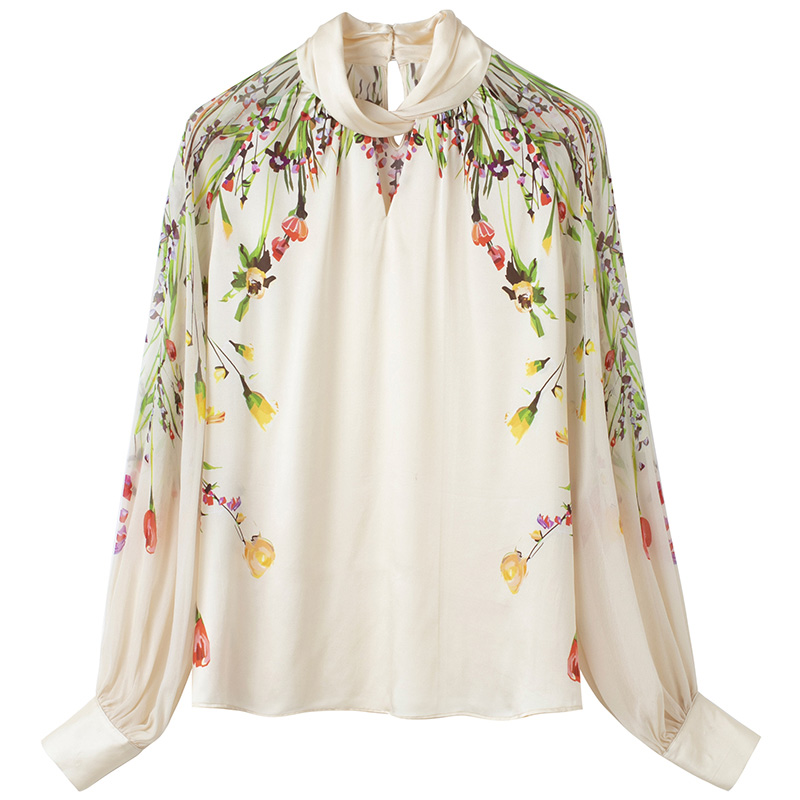 Spring Autumn Women Satin Shirt Tops Elegant Folds Stand Collar Long Lantern Sleeve Loose Real Silk Female Floral Print Blouse alx