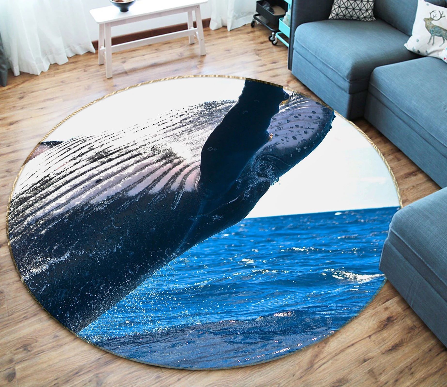 Funny Humpack Whale On Ocean Printed Round Rug – Round Carpet Home Decor