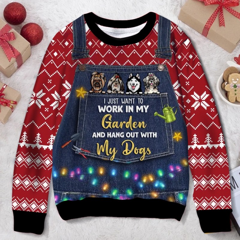 Personalized Custom Dog Ugly Christmas Sweater, Christmas Gift Idea For Dog Lovers, I Just Want To Work In My Garden And Hang Out With My Dog