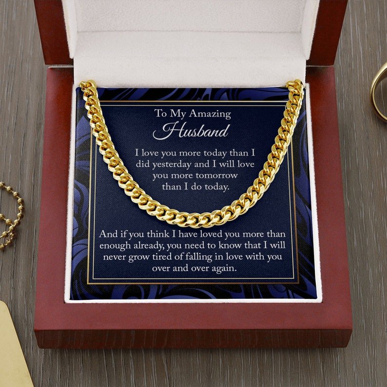 Valentines Day Gifts For Him, Cuban Link Chain Necklace For Husband, Love You More Today, Stainless Steel Gold Finish Box With Message Card