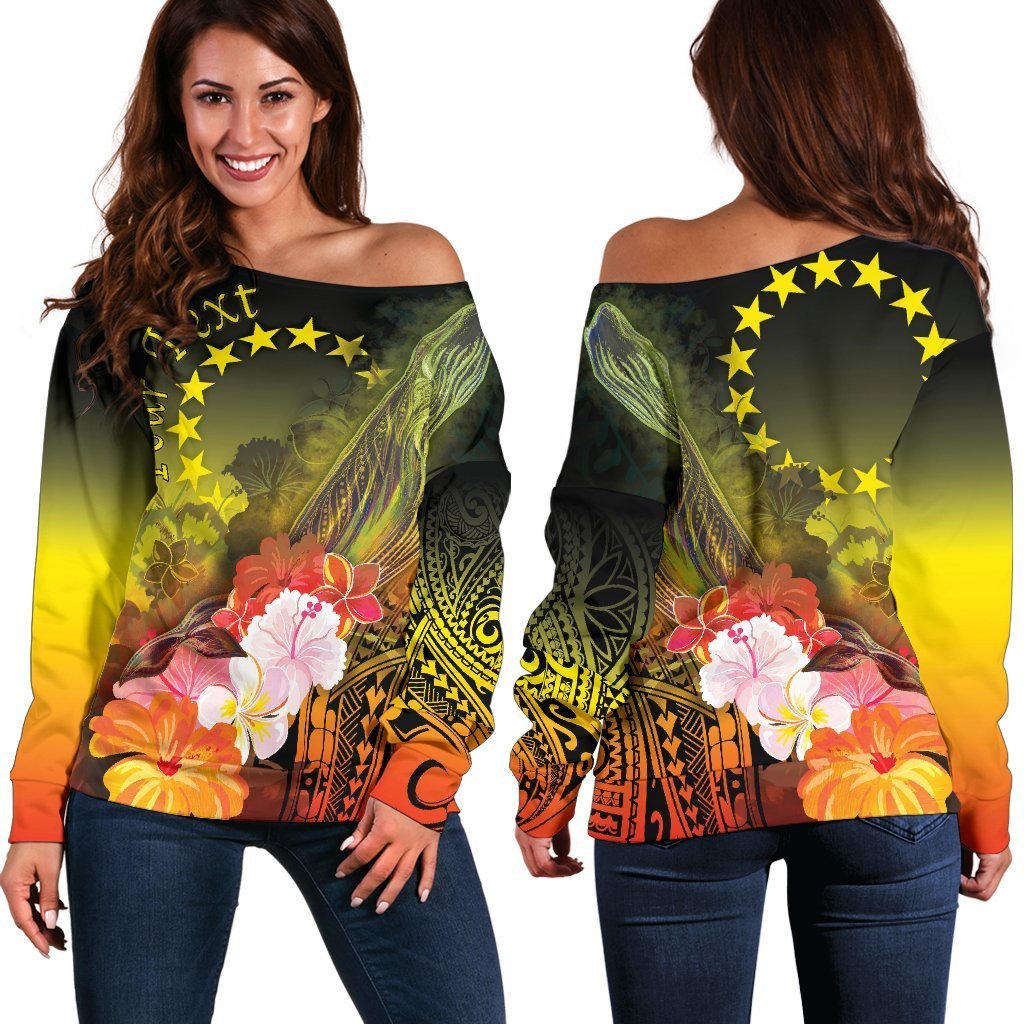 Cook Islands Custom Personalised  Women’s Off Shoulder Sweaters – Humpback Whale with Tropical Flowers (Yellow)- BN18