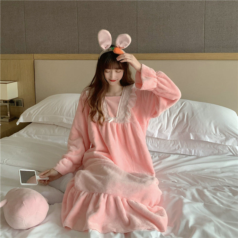 Women Nightgowns Lace Coral Fleece Long Ruffles Sweet Plus Velvet Thicker Warm Womens Sleepshirts Casual Korean Style Ulzzang alx