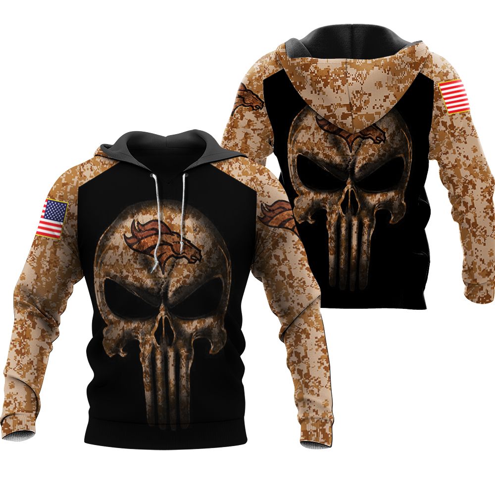 Camouflage Skull Denver Broncos American Flag 3d Hoodie Sweater Tshirt