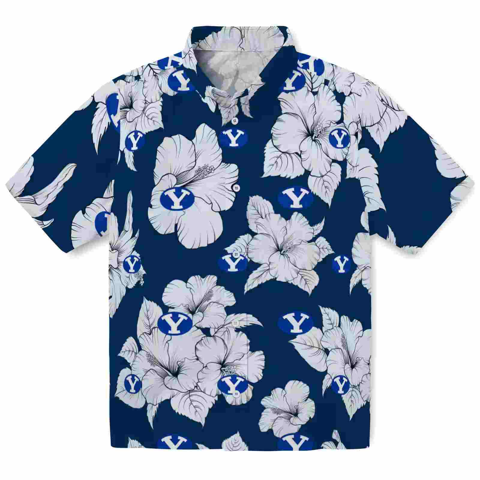 Byu Cougars Hibiscus Blooms Blue White Hawaiian Shirt